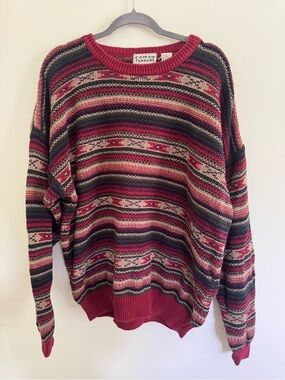 Vintage Cotton Traders Men's Burgundy Patterned Knit Crewneck Sweater